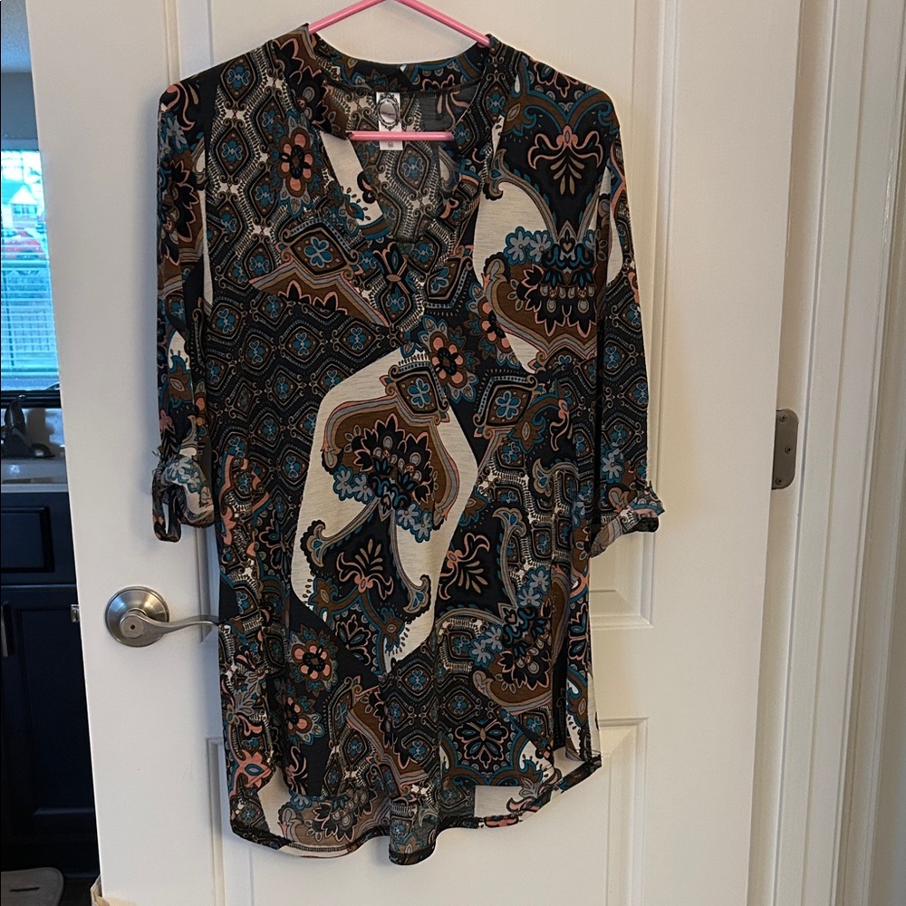 Blue Brown and Pink Paisley Patterned Women's V-Neck Tunic Top